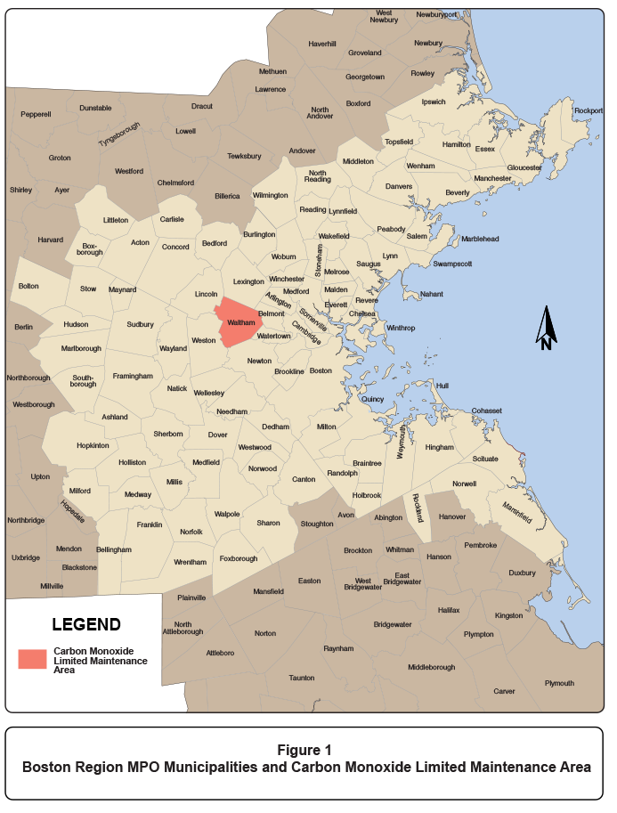 This map shows the 97 municipalities in the Boston Region MPO area and highlights the region’s limited maintenance area for carbon monoxide, which is located in Waltham.
